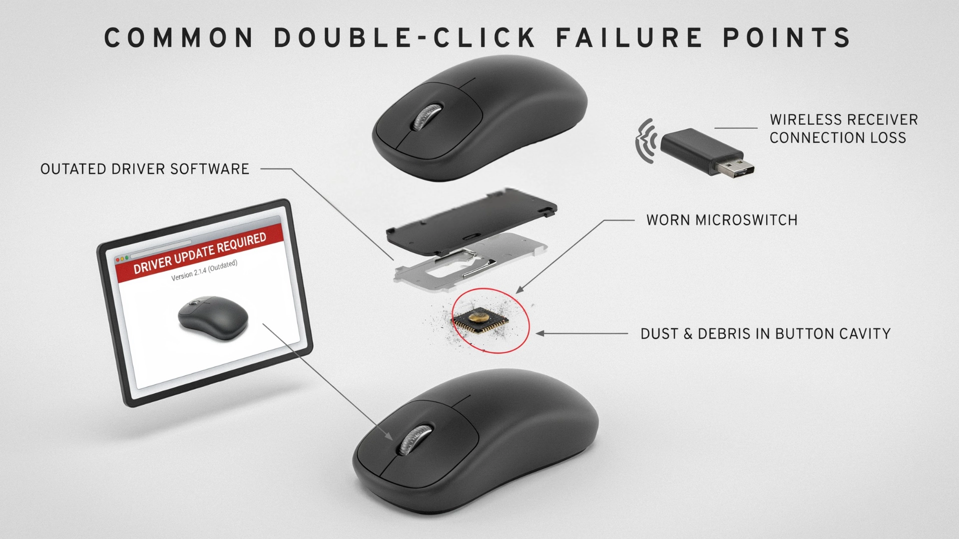 mouse double click failure points showing worn microswitch dust debris outdated drivers and wireless connection issues