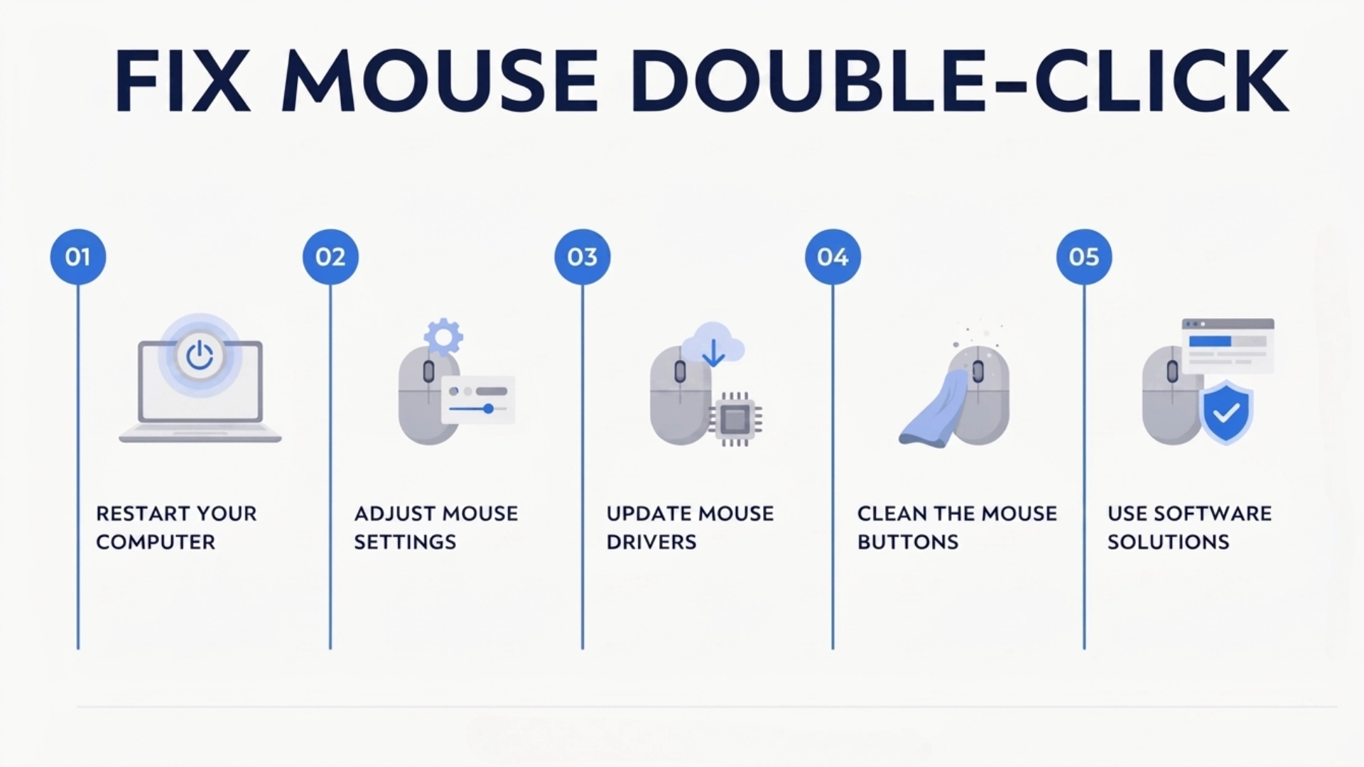 mouse double click fix infographic showing restart settings drivers cleaning buttons and software solutions steps