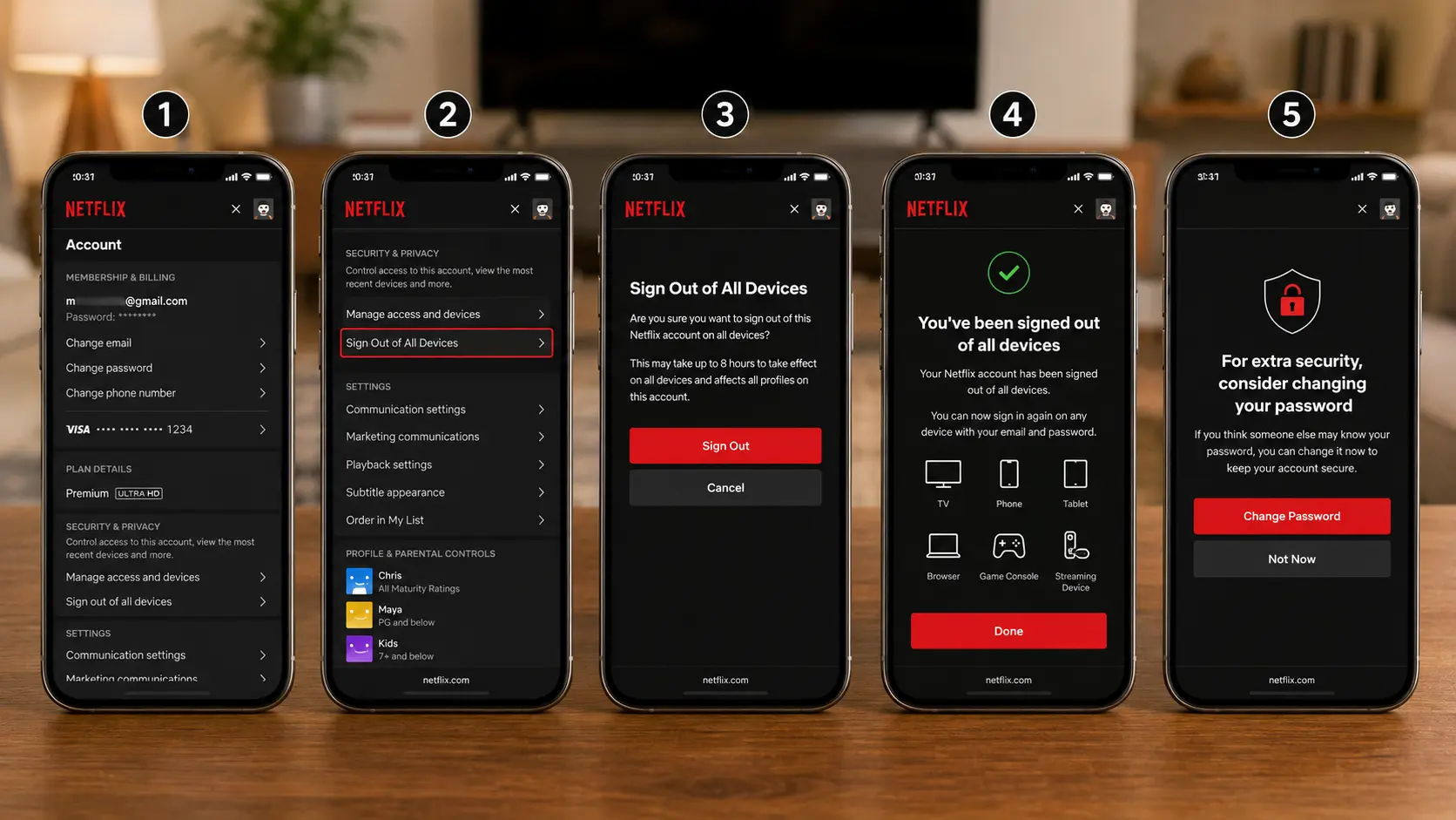netflix sign out of all devices steps shown on multiple smartphone screens with account settings confirmation and password change options