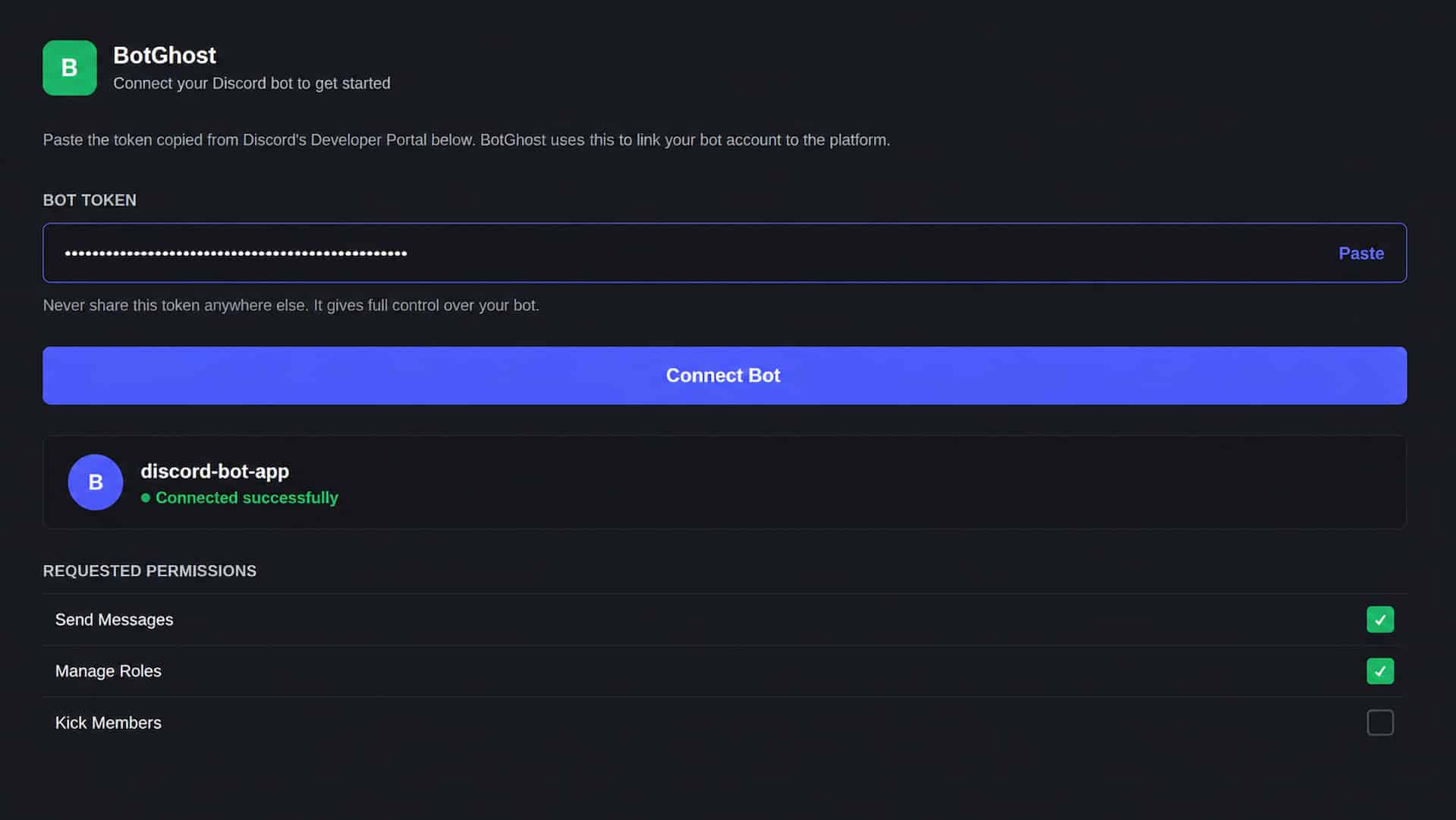 no code discord bot builder showing bot token connection and permission setup