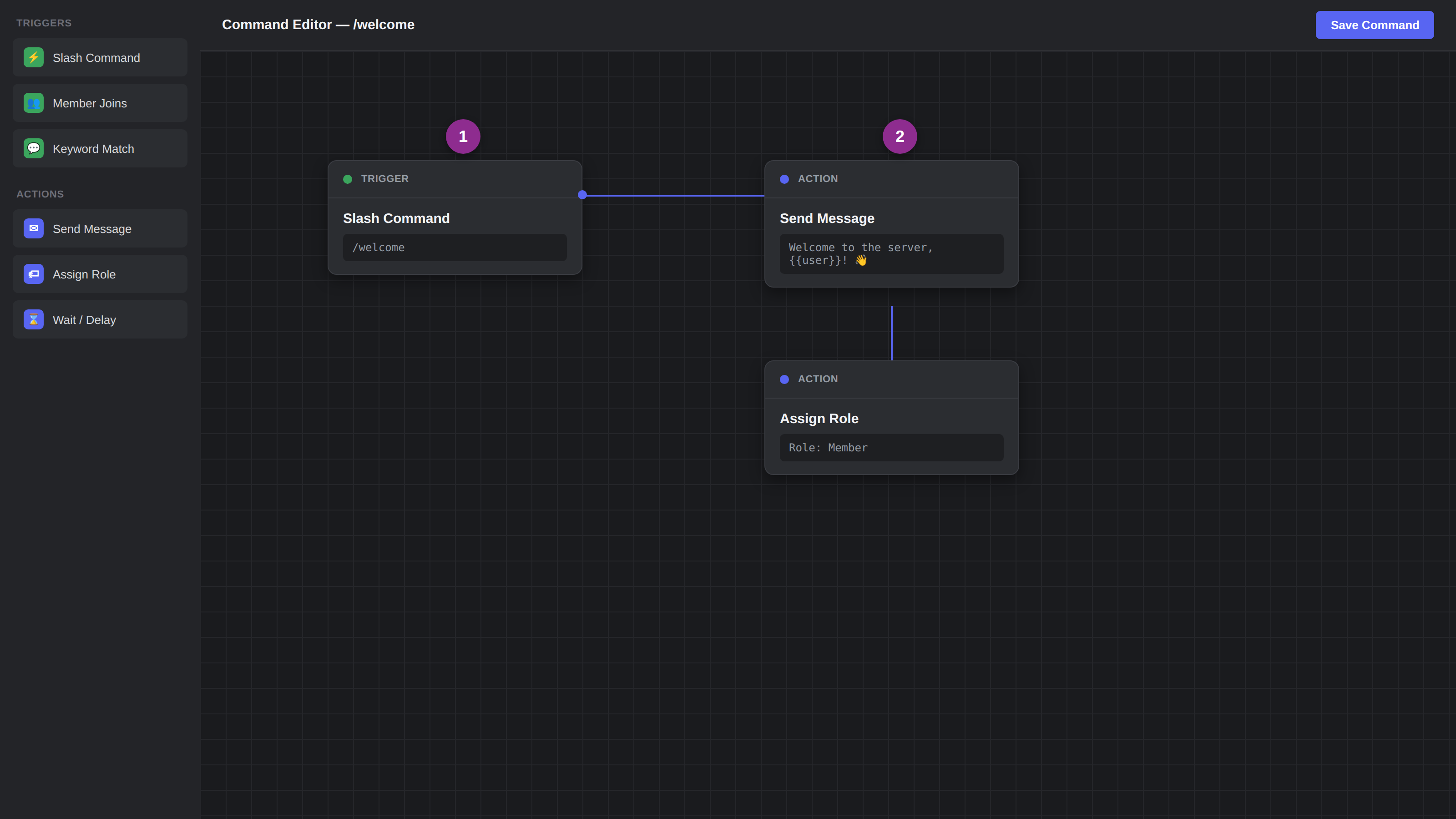 no code discord bot builder showing visual command workflow with triggers and actions