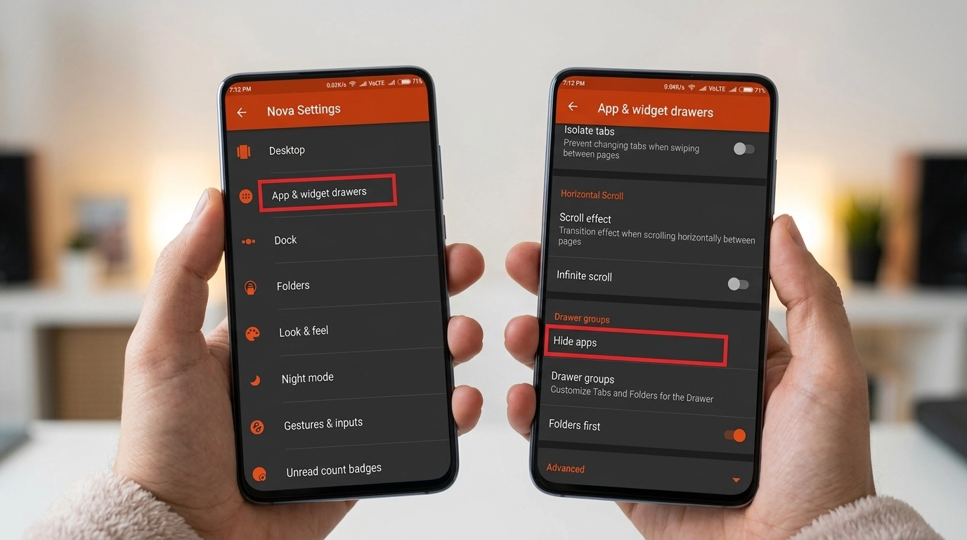 Nova Launcher settings showing App and widget drawers and Hide apps options highlighted