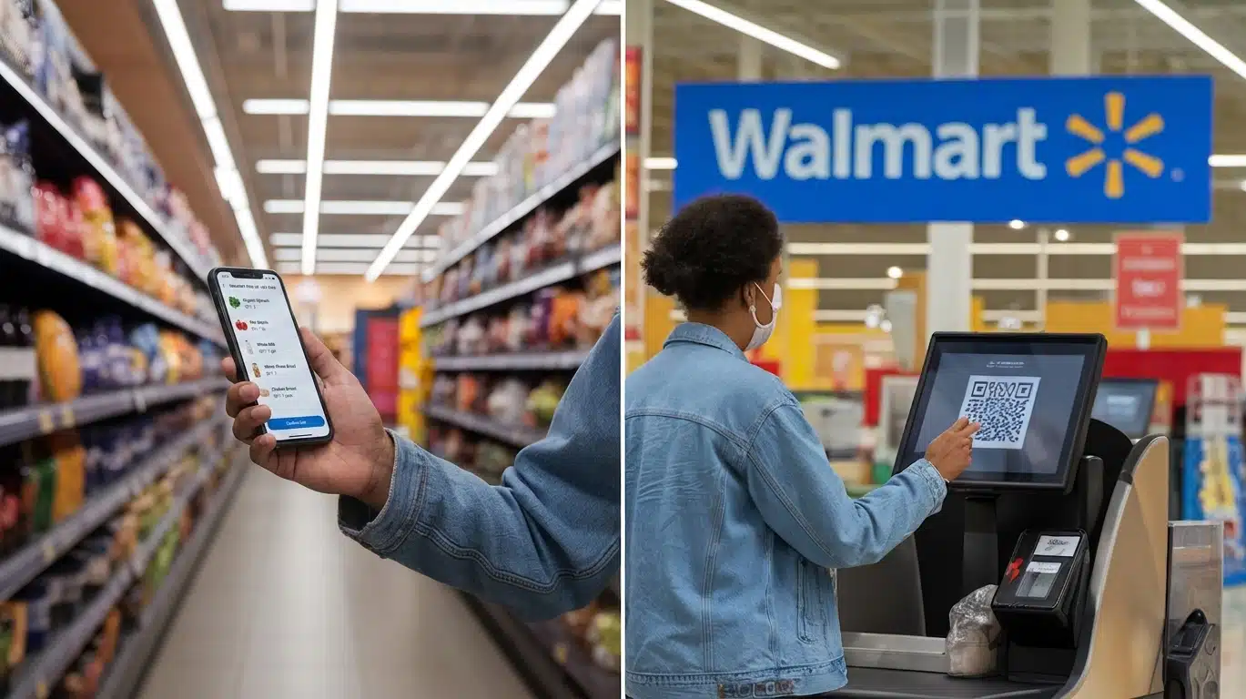 Walmart+ member scanning groceries by phone before completing Mobile Scan & Go at self-checkout