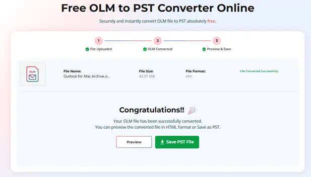 OLM file conversion summary screen with progress indicators and green success message