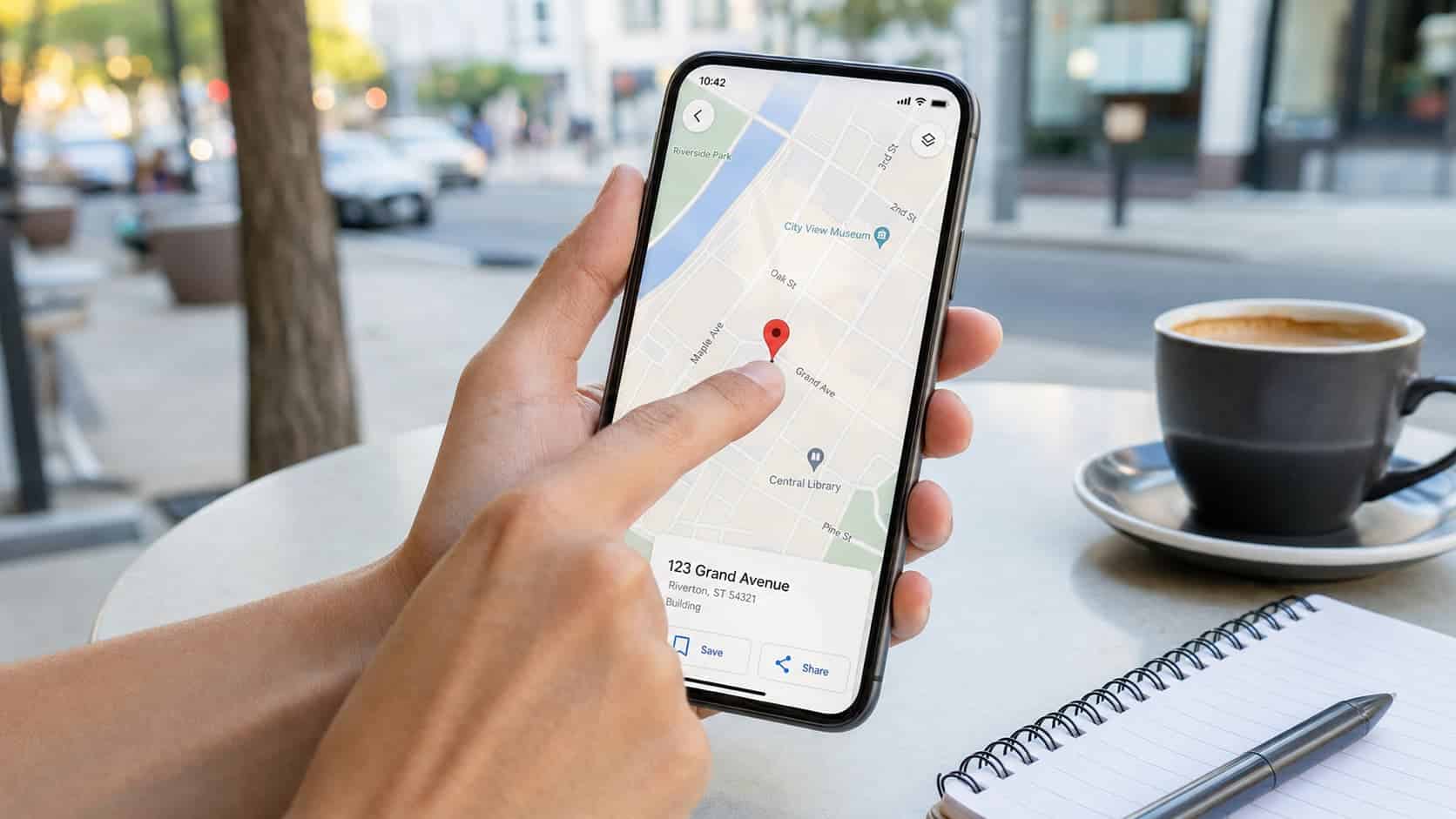 person pressing a red location pin on a smartphone map with save and share options visible