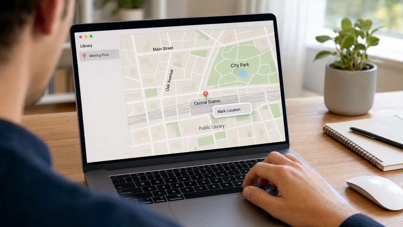 person marking central station on a labeled map displayed on a macbook using the mark location option