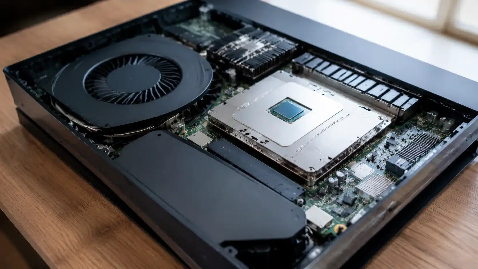 opened gaming console showing internal hardware components, cooling fan, processor, and circuit board details