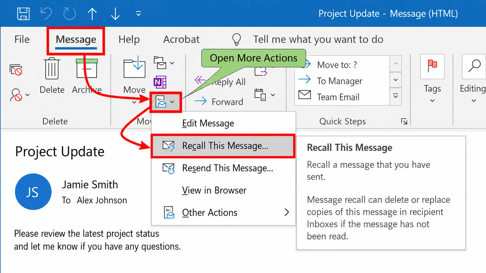 outlook desktop showing recall this message option in the email menu with highlighted steps for recalling a sent email