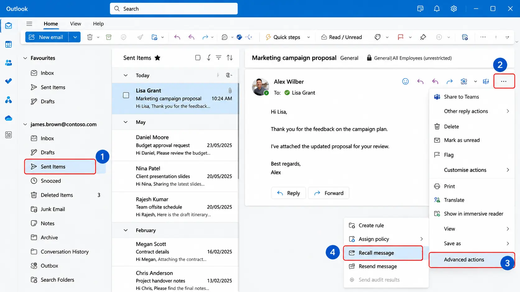 outlook desktop showing sent items and recall message option with numbered steps for recalling an email