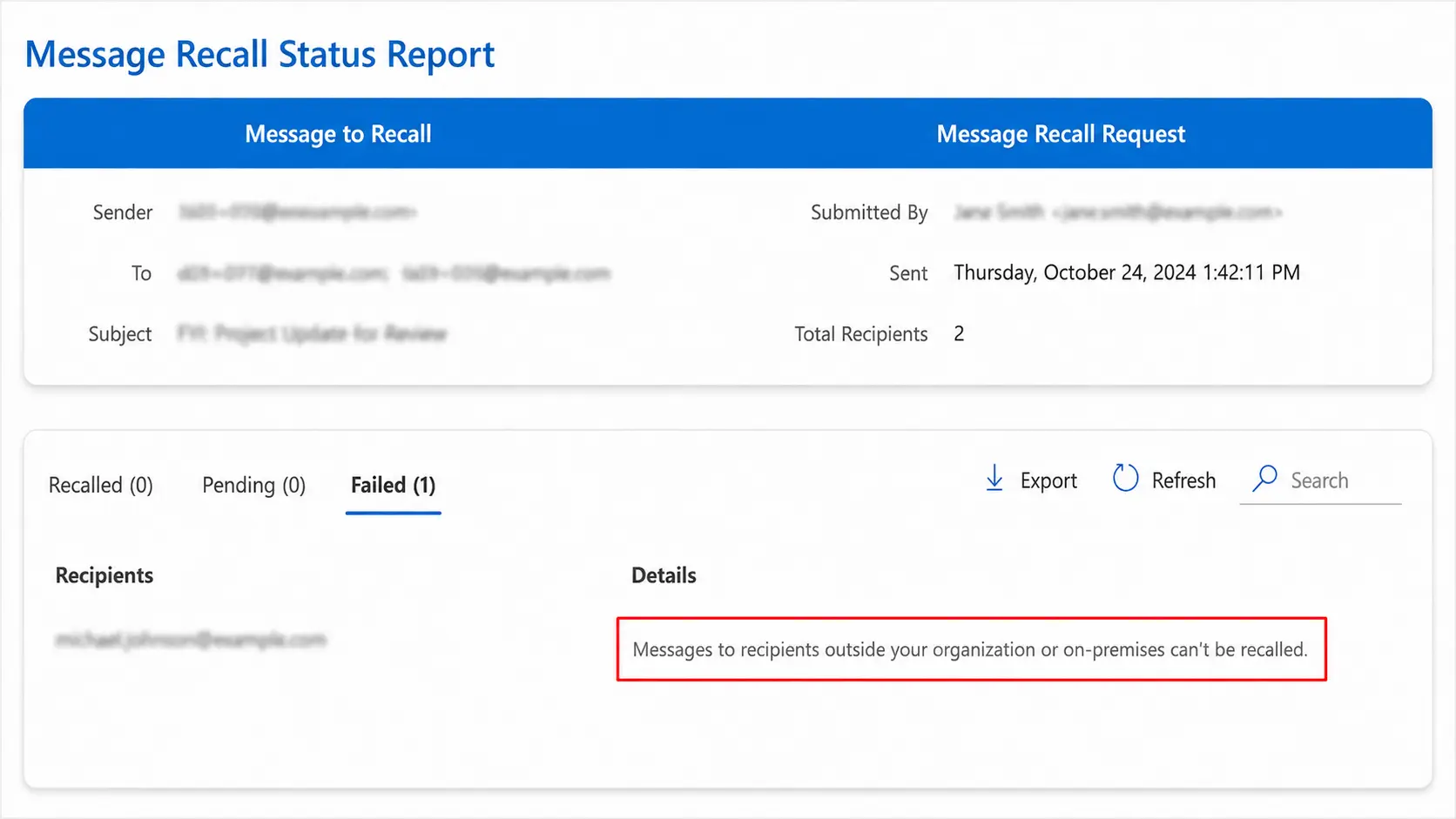 outlook message recall status report showing failed recall attempt and details for an external recipient