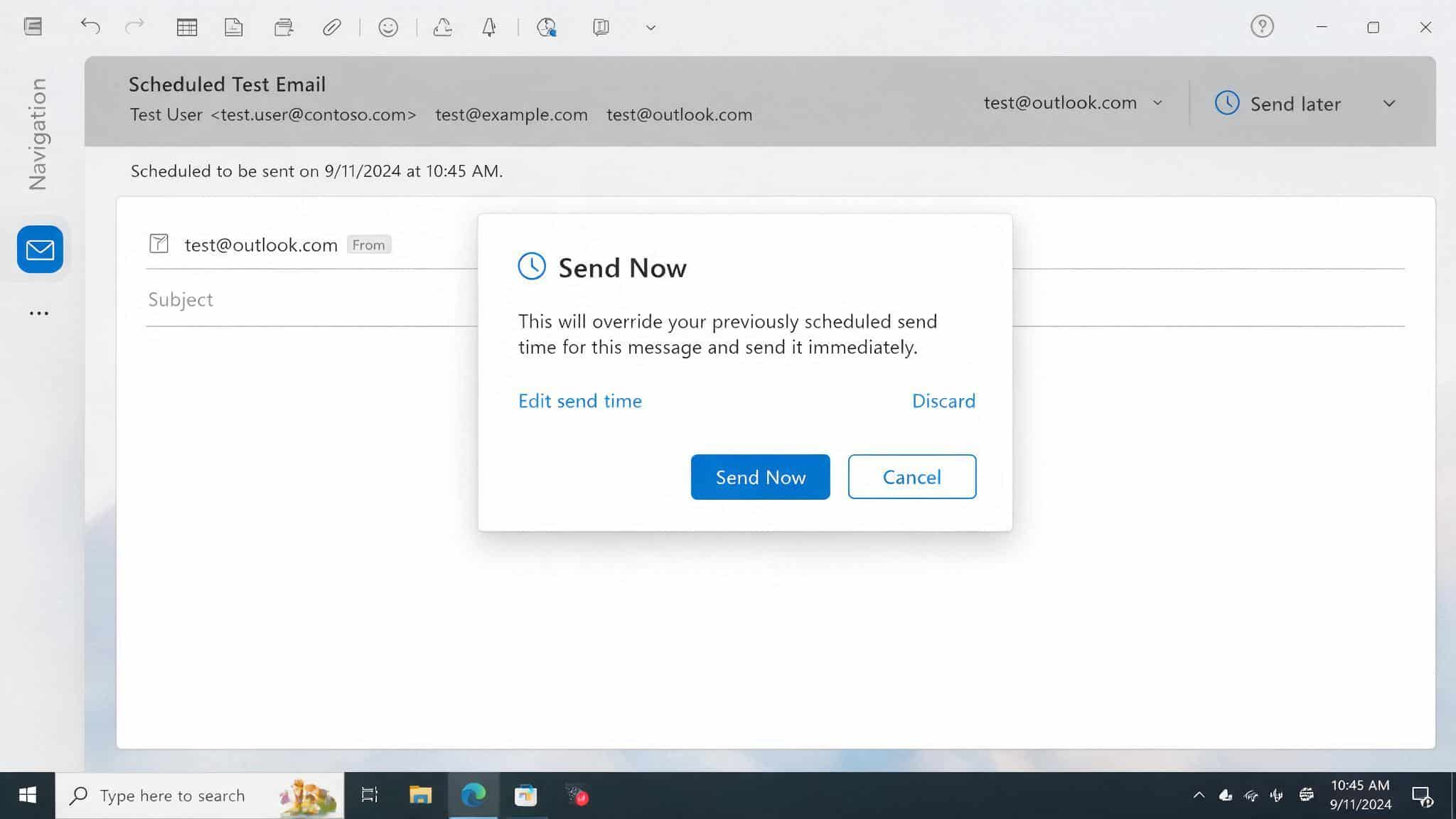 outlook scheduled message screen showing send now option for delivering a delayed email immediately