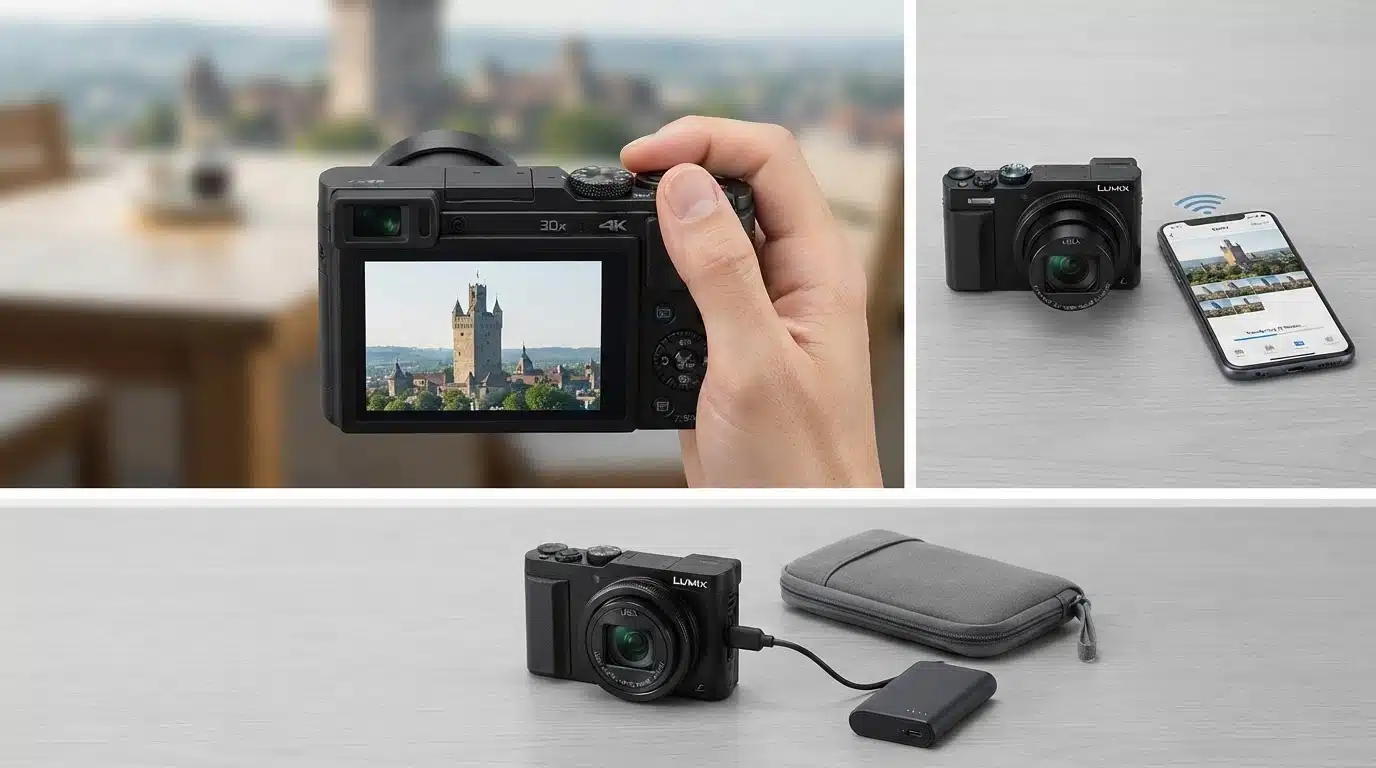 panasonic lumix camera showing travel setup with photo transfer charging and connectivity features