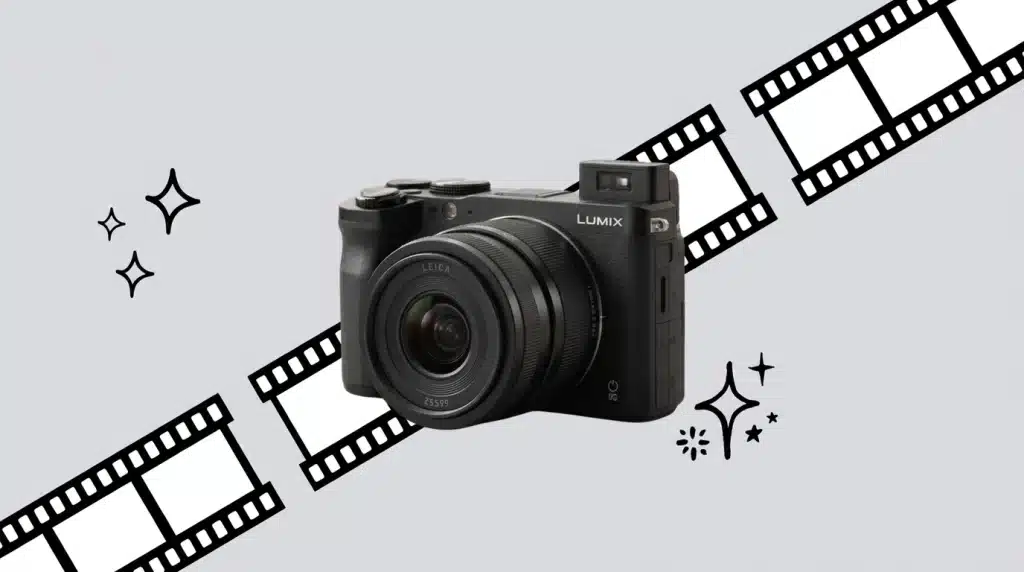 panasonic lumix zs99 camera displayed with film strips and graphics highlighting compact travel photography modern design