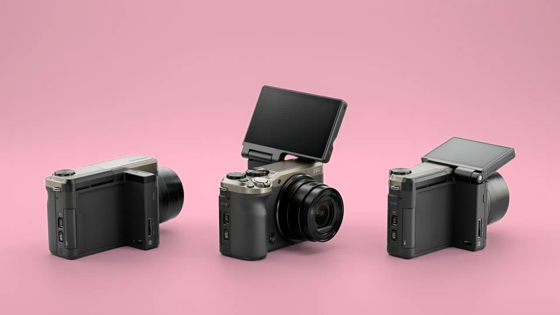 panasonic lumix zs99 camera showing different 180 degree tilting touchscreen positions