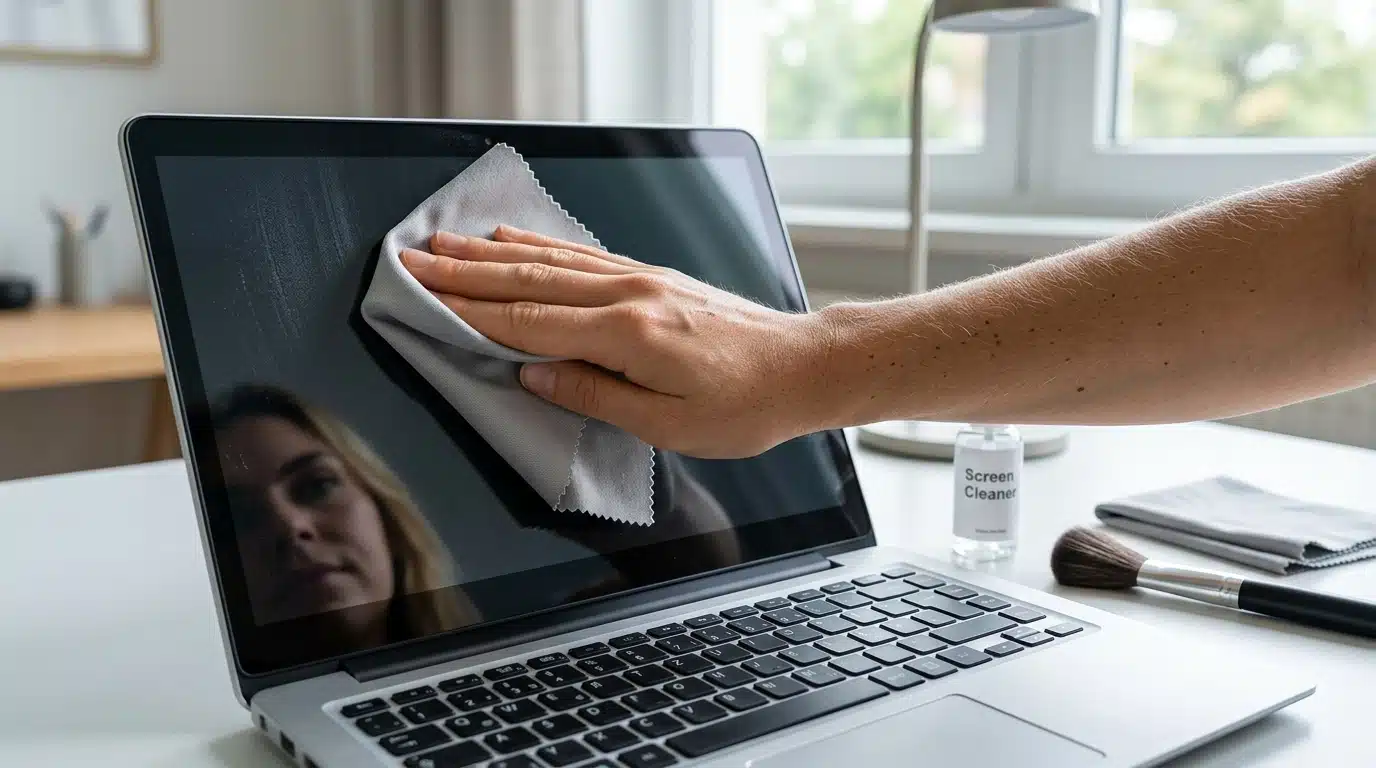 person cleaning laptop screen with microfiber cloth to remove dust before checking pixel defects