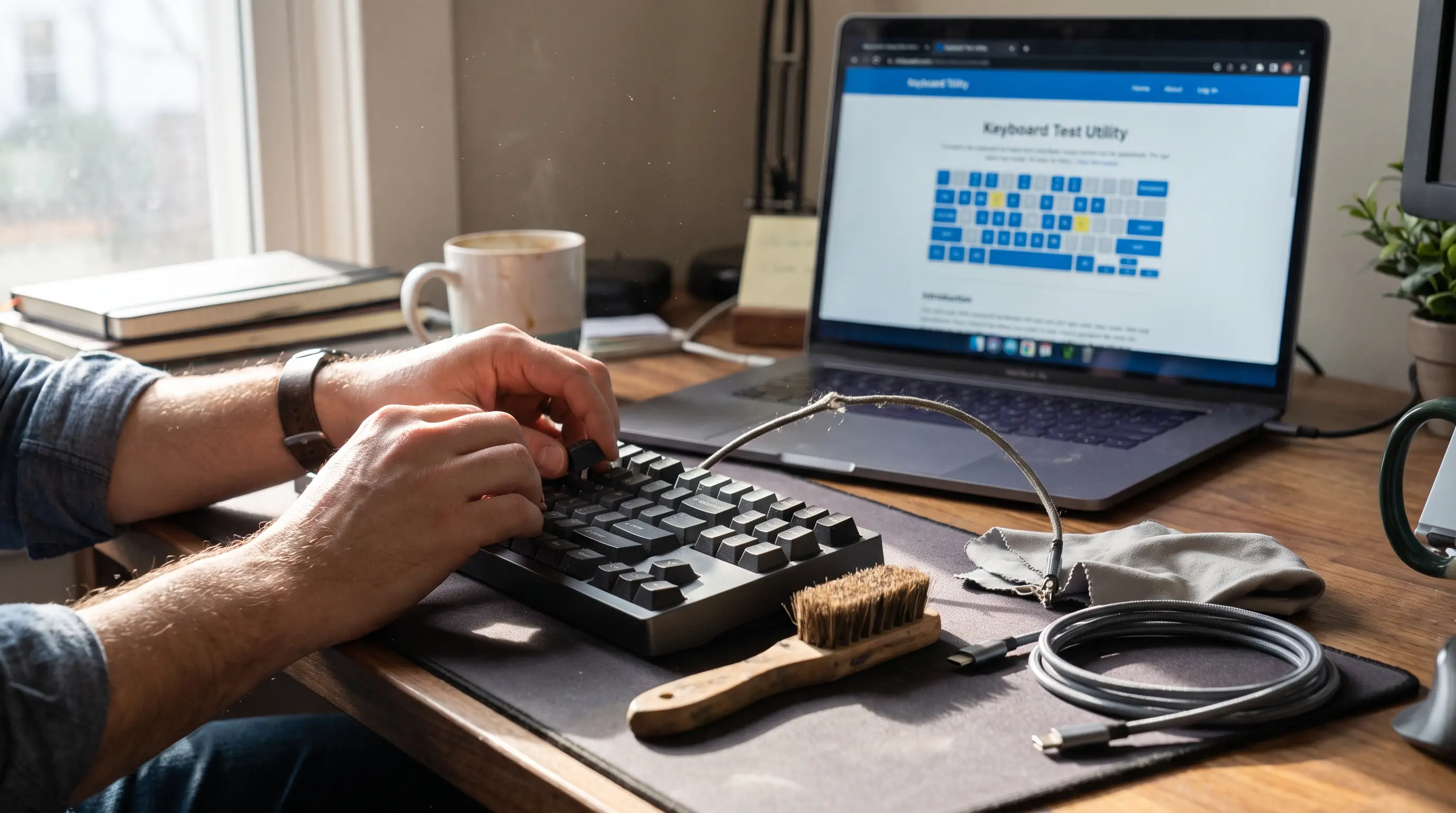 person inspecting keyboard cable and cleaning dusty keys during hardware troubleshooting