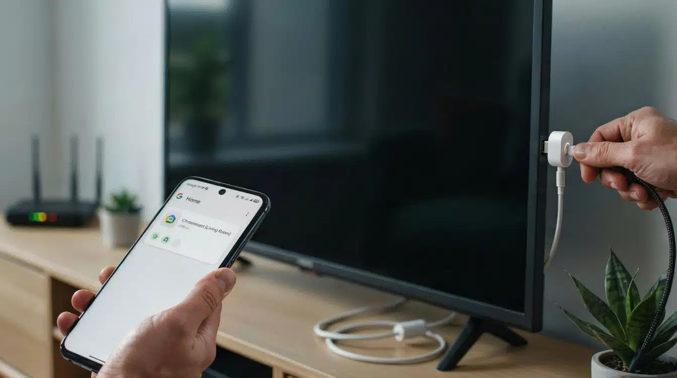 person reconnecting a chromecast power cable while the google home app shows the living room device offline
