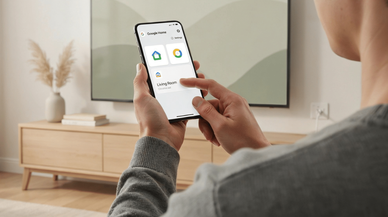 person selecting a living room chromecast device in the google home app while sitting in front of a television