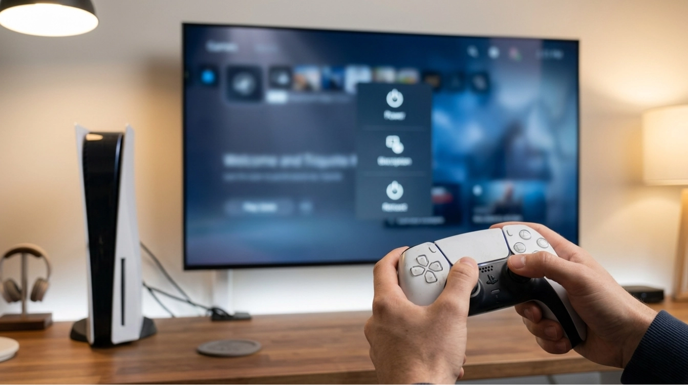 person using DualSense controller to access PS5 power menu on TV screen
