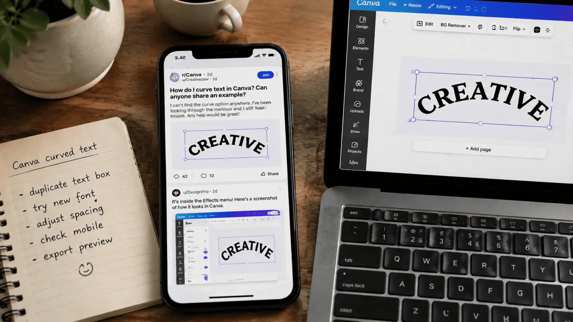 phone screen showing a community thread with a curved text design screenshot, resting beside a laptop open to the same design and a handwritten notes page