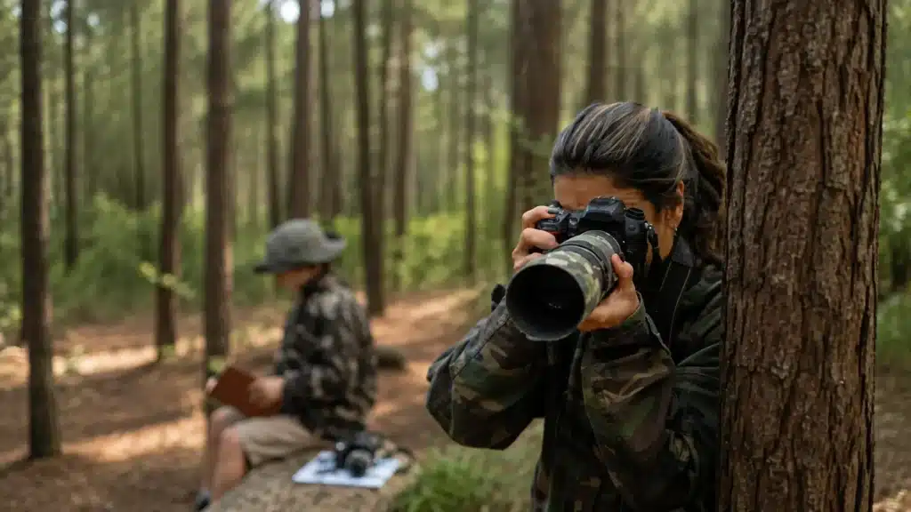 photographer using a telephoto lens in a forest for wildlife photography (1)