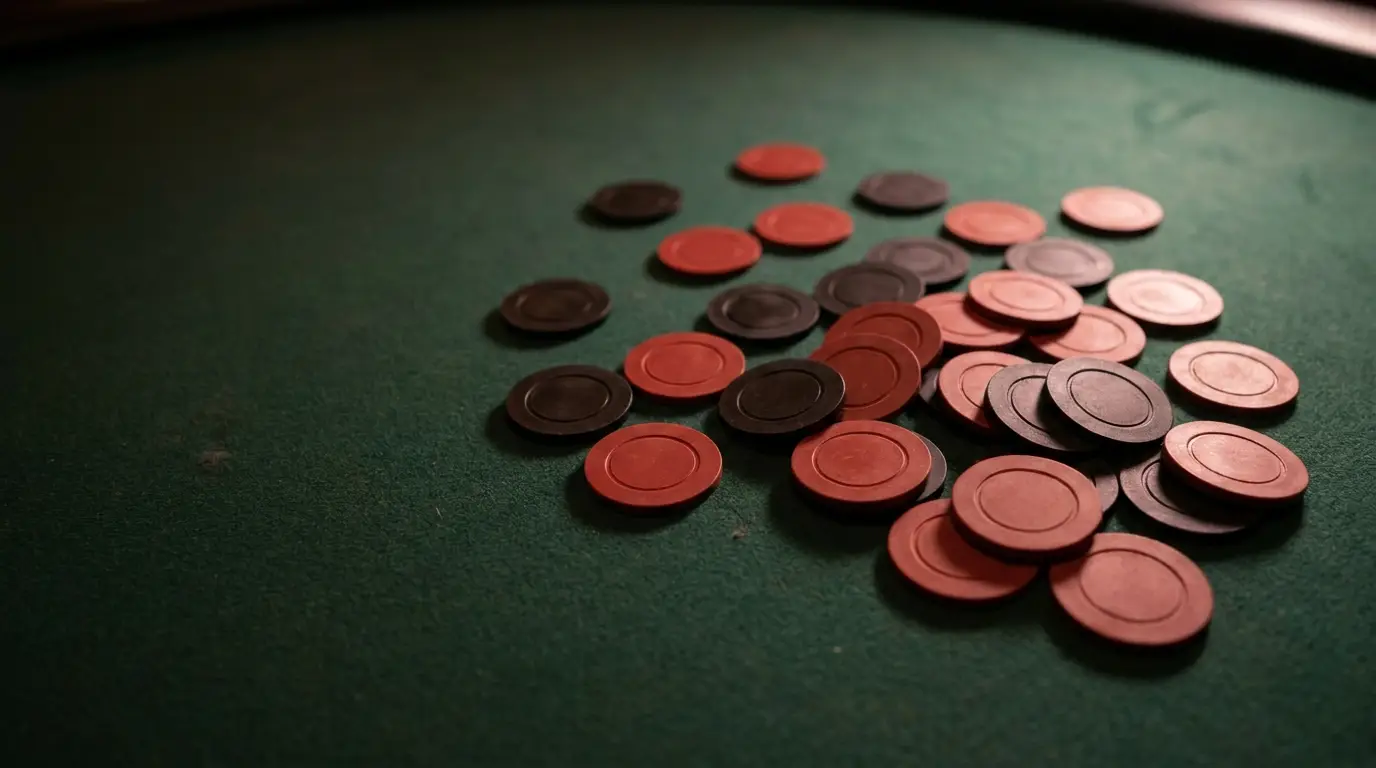 Poker chips scattered on green felt table under warm lighting