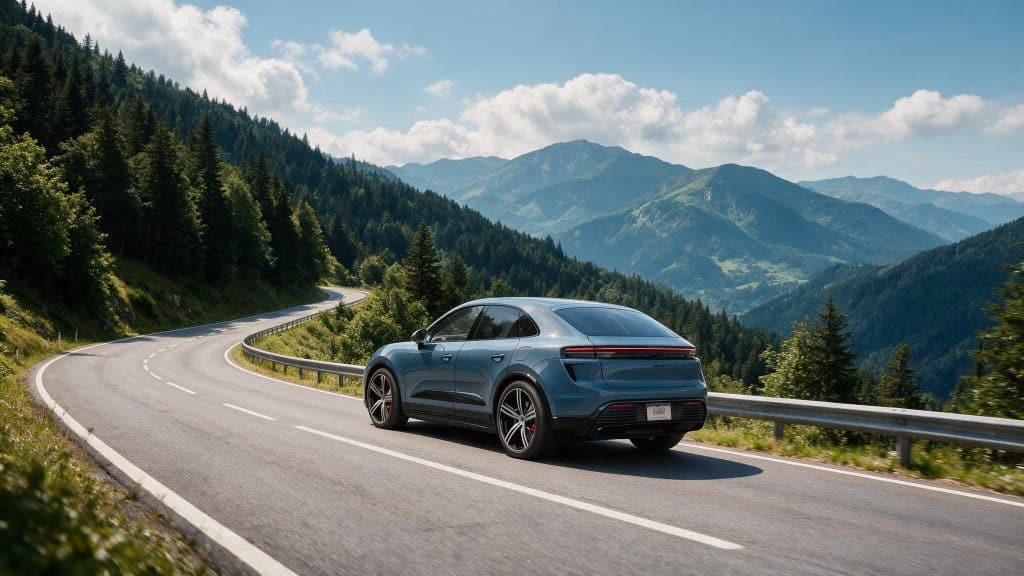 blue porsche macan ev driving on a winding mountain road surrounded by dense forests rolling hills and clear sky