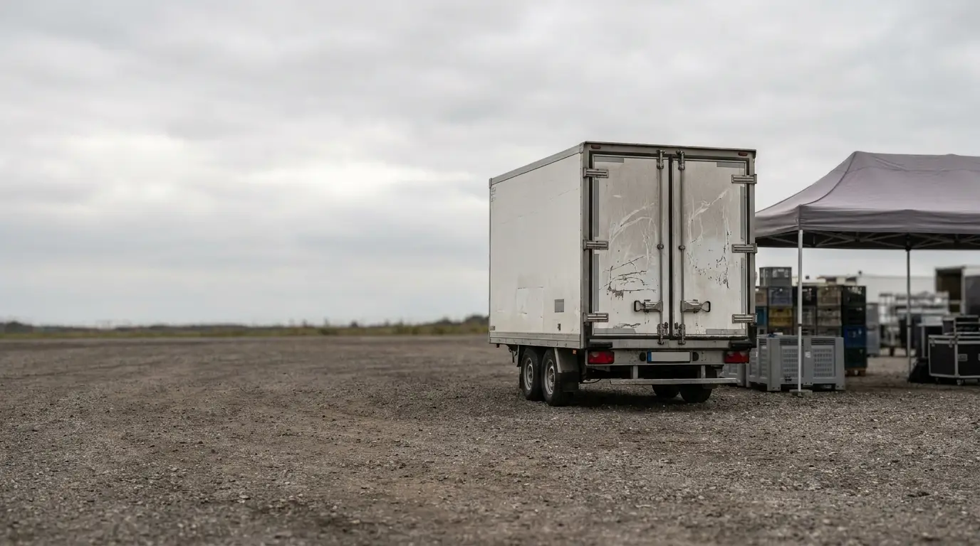 White delivery truck parked on gravel lot near outdoor canopy and storage crates