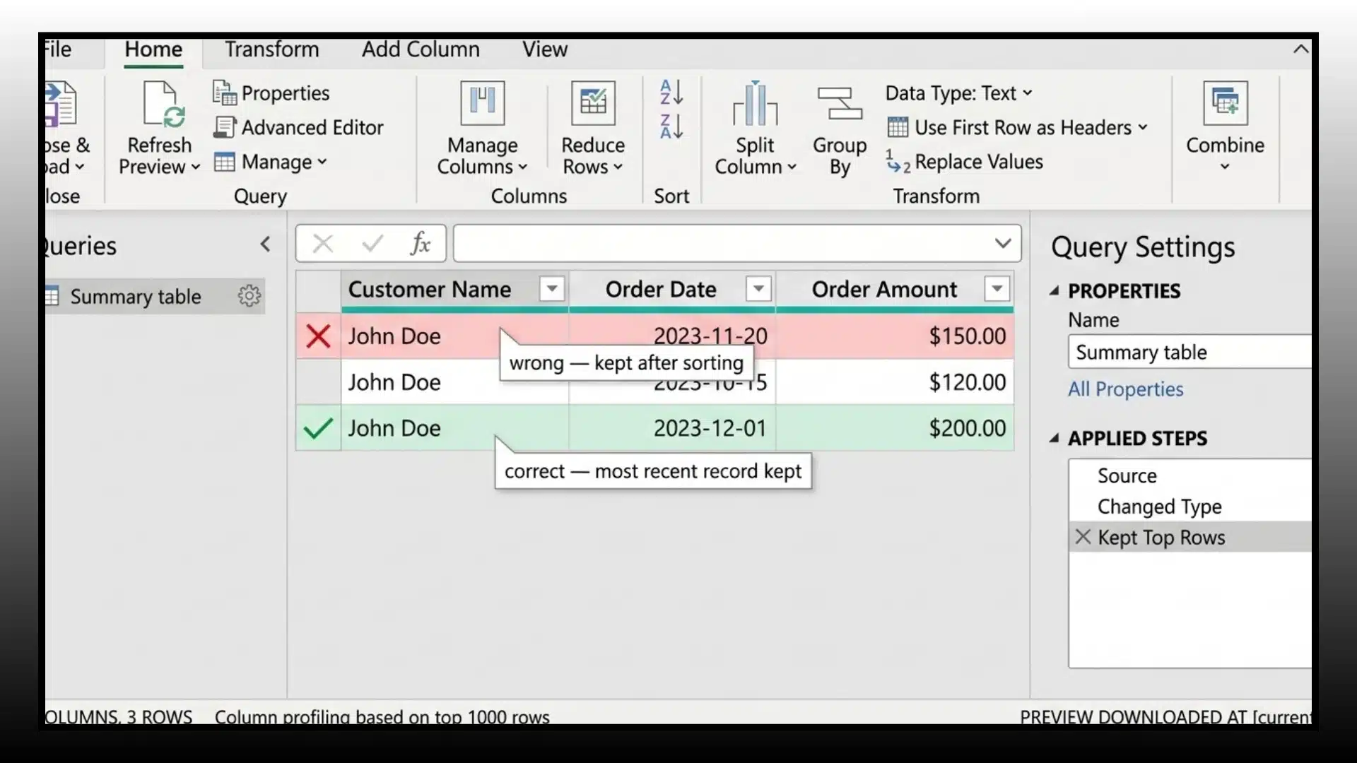 power query table showing duplicate customer records and selecting the correct latest data entry
