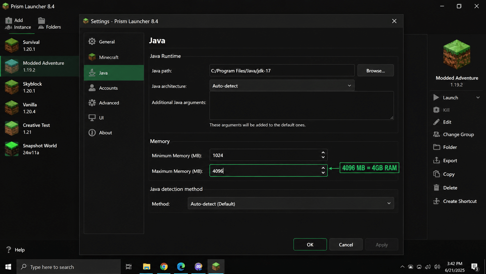 prism launcher minecraft maximum memory ram settings