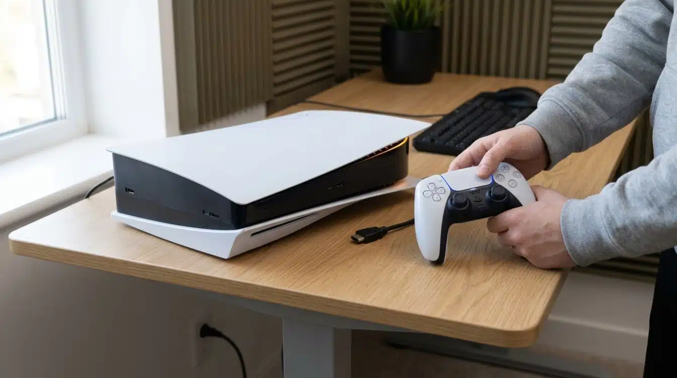 PS5 console and DualSense controller placed on desk during power management setup
