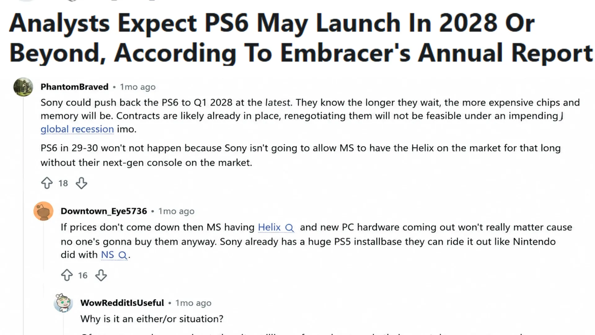 reddit discussion about analysts predicting a possible PS6 launch timeline in 2028 or later based on industry reports