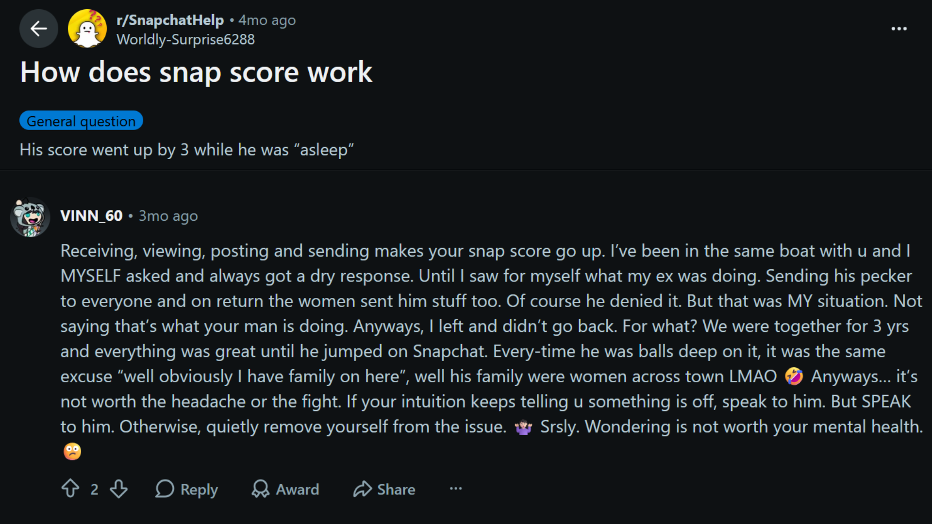 reddit discussion about how snap score works and what activities increase snapchat score