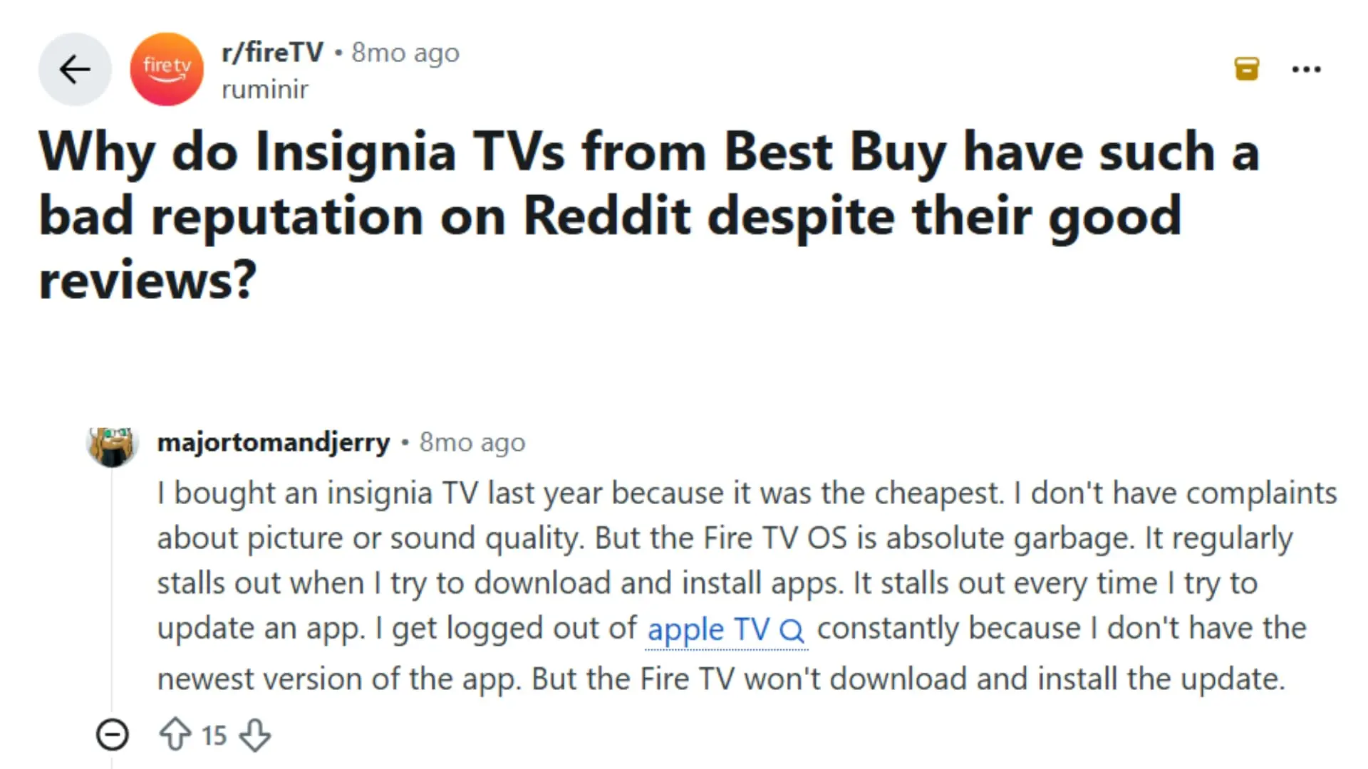 reddit discussion about insignia tv reviews showing user comments on picture quality and fire tv performance
