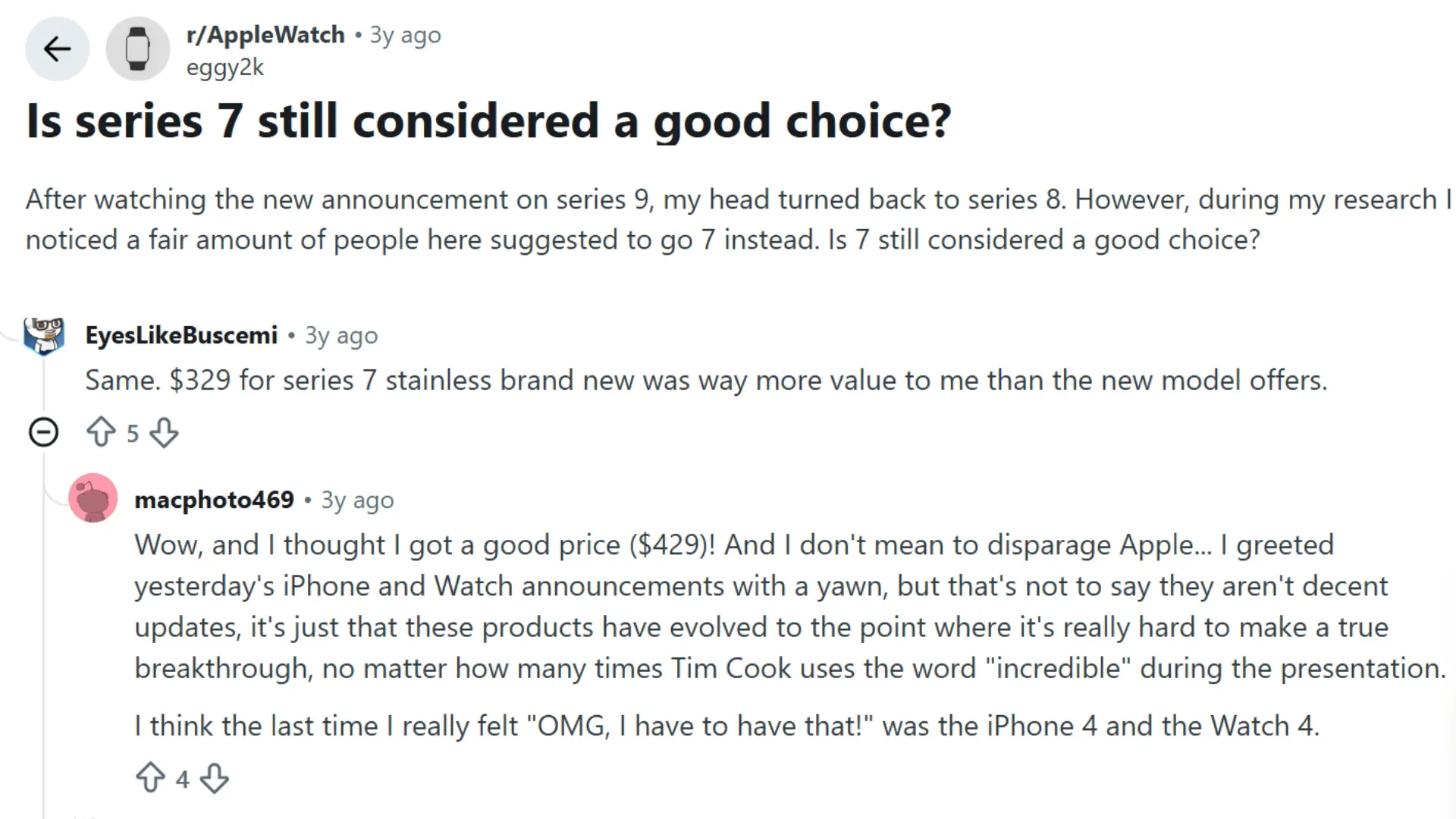 reddit discussion about iwatch 7 series being considered a good choice with comments on features and prices
