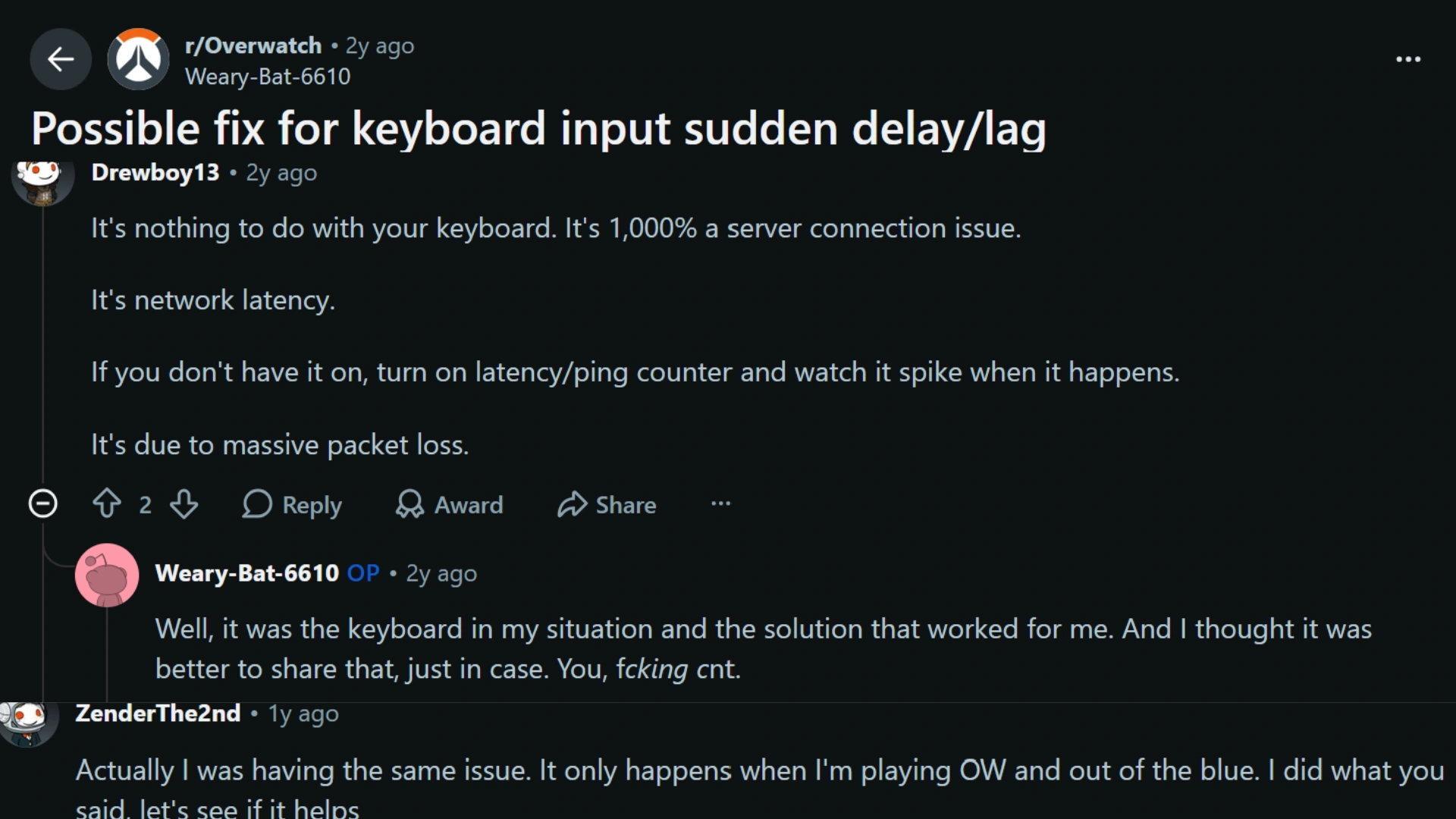 reddit discussion about keyboard input delay fix and gaming lag troubleshooting advice