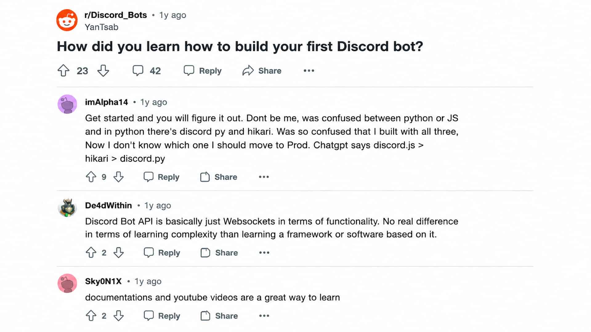 reddit discussion about learning how to build a first discord bot with developer comments and recommendations