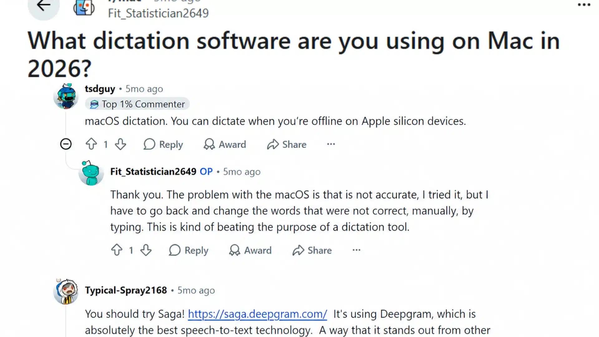 reddit discussion about mac dictation accuracy offline use on apple silicon and an alternative speech to text tool
