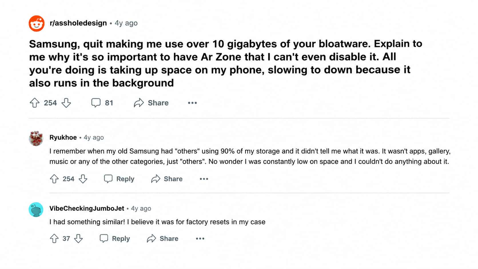 reddit discussion about samsung ar zone app storage concerns with users sharing experiences about phone space usage