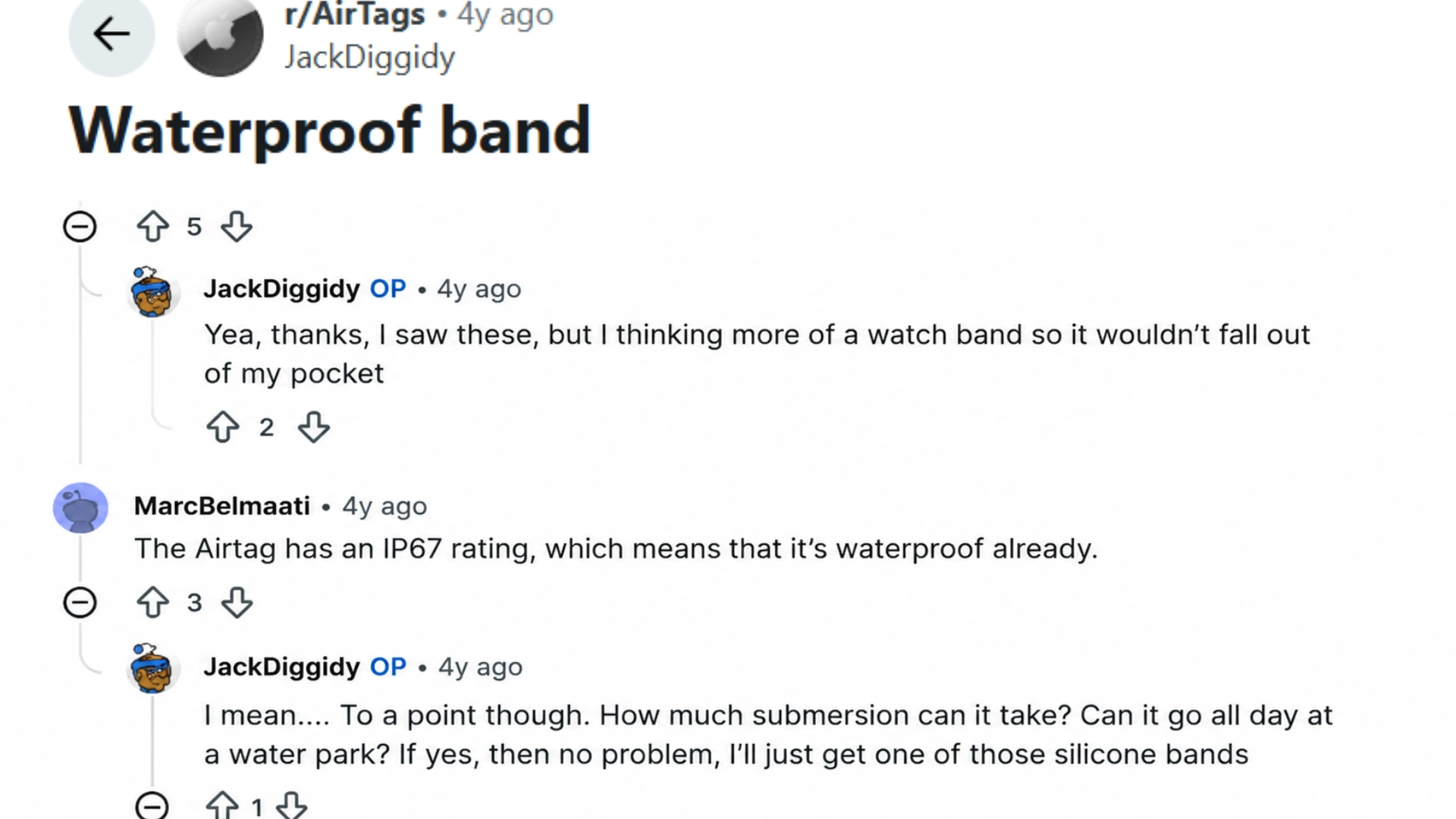 reddit discussion about waterproof airtag bands and airtag water resistance limits
