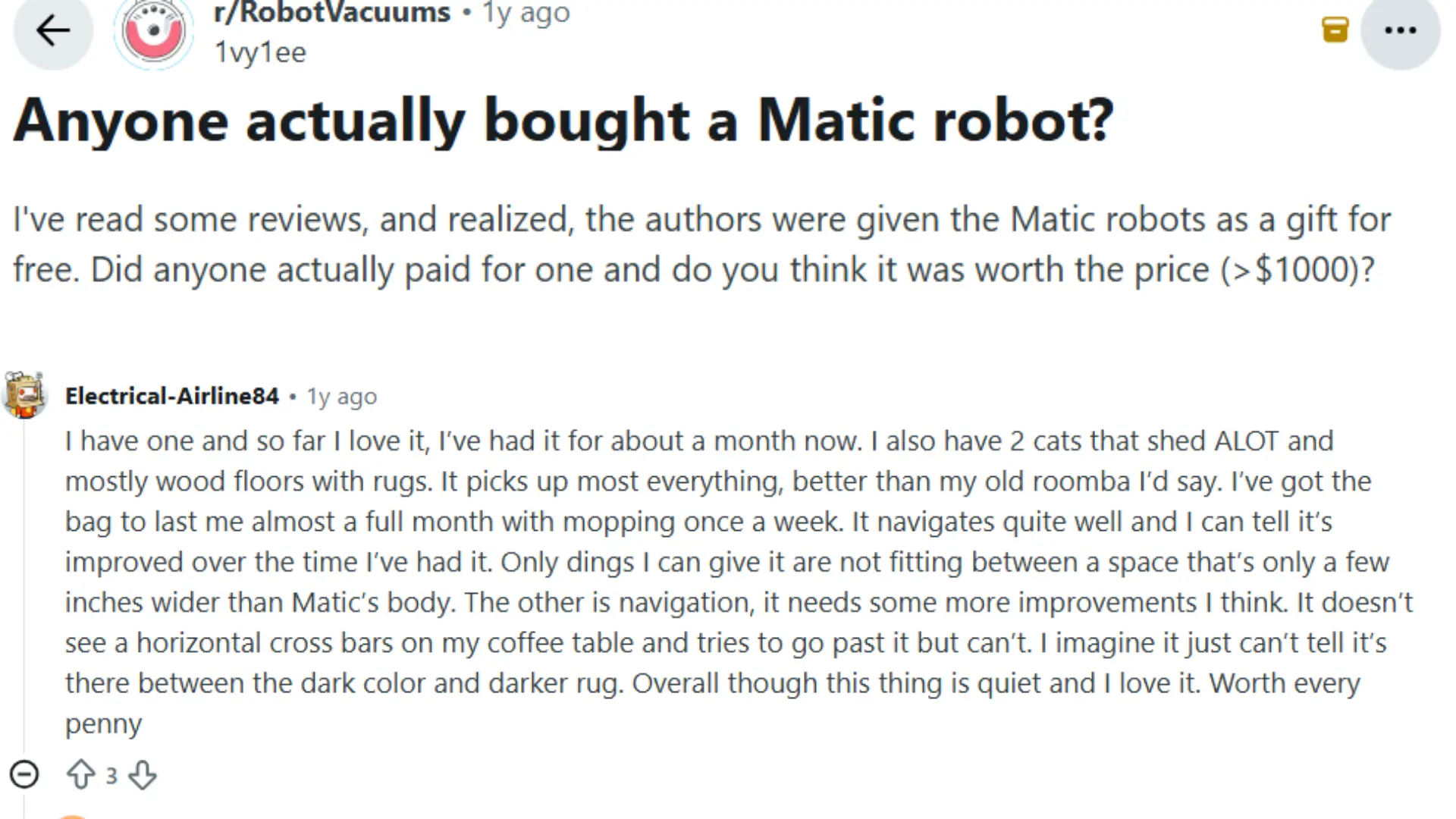 reddit discussion screenshot showing user comments and replies about buying and reviewing the matic robot vacuum