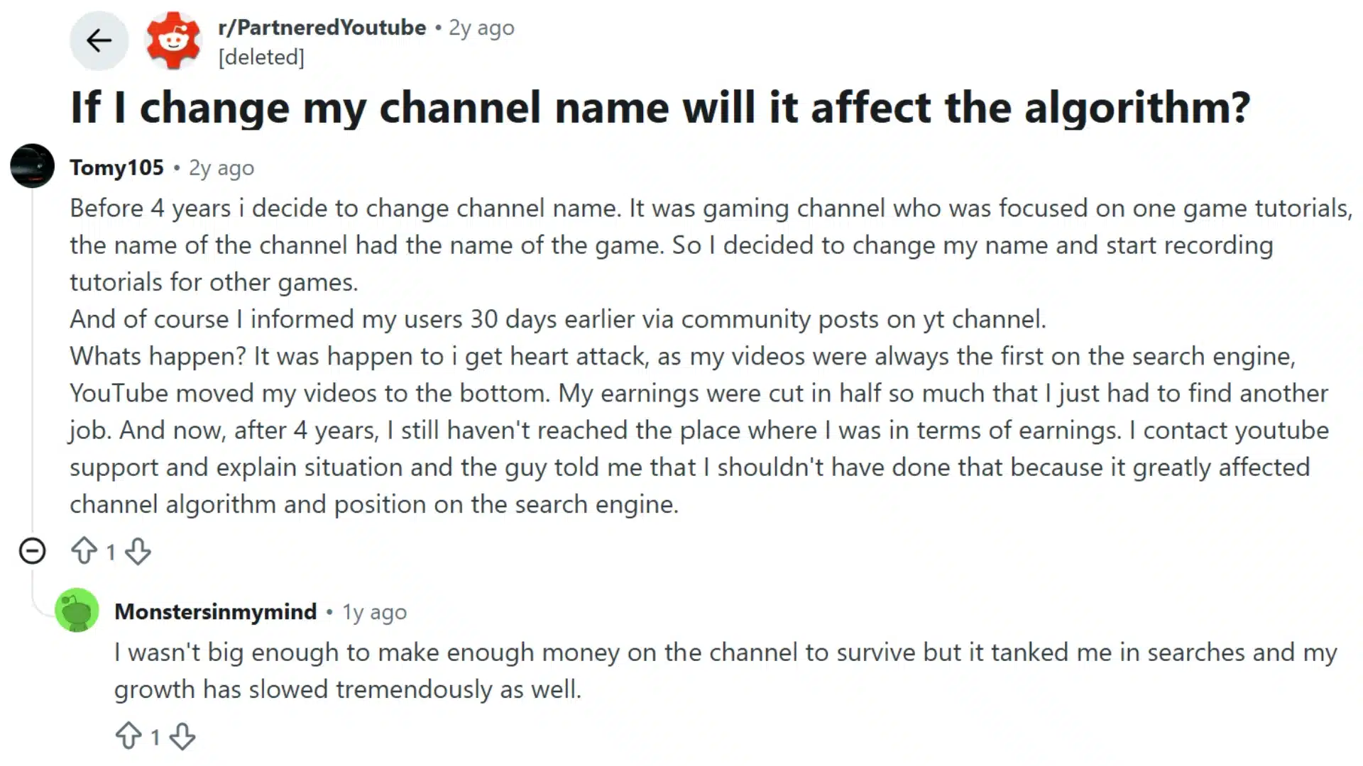 reddit discussion showing creator sharing youtube name change impact experience