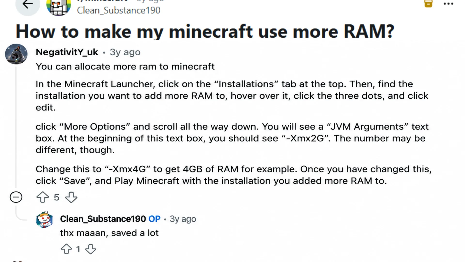 reddit discussion showing how to allocate more RAM to Minecraft using launcher installation settings and JVM arguments