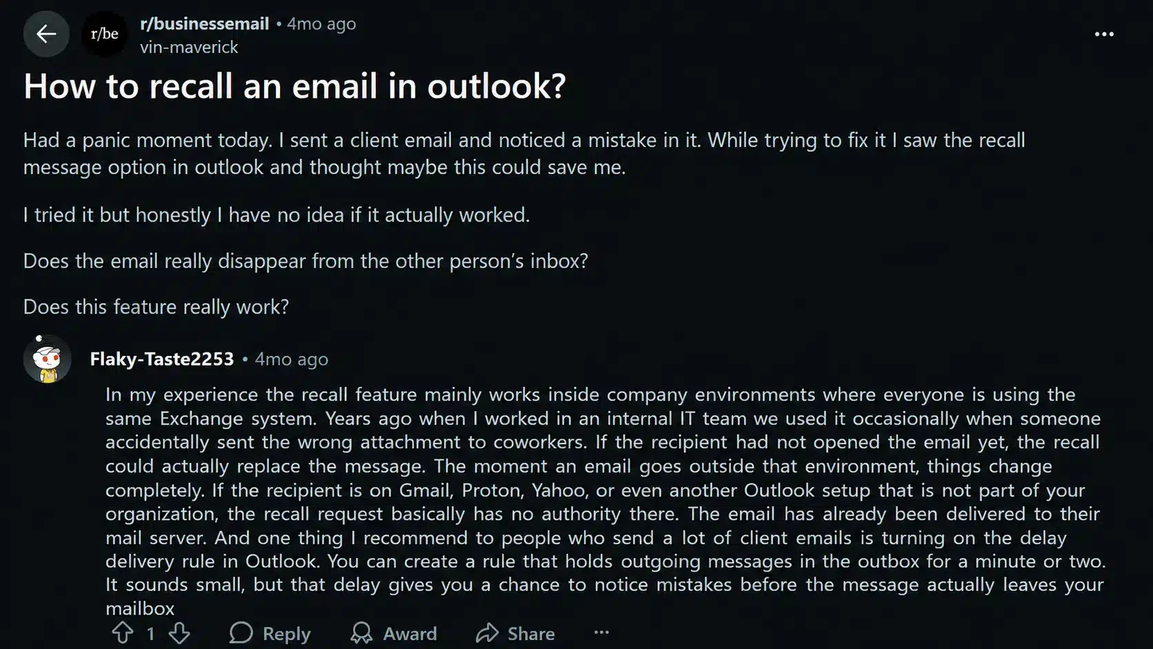 reddit post about recalling an outlook email with a reply explaining it works best within company exchange systems