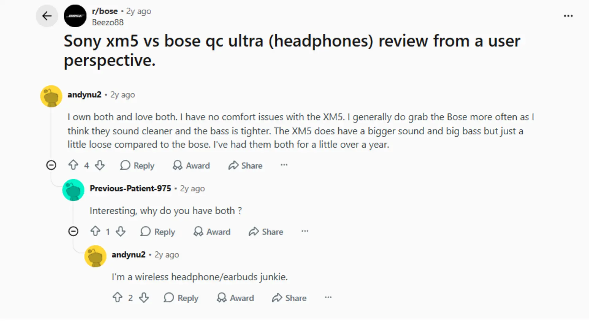 reddit discussion comparing sony xm5 and bose qc ultra headphones with user opinions and comments