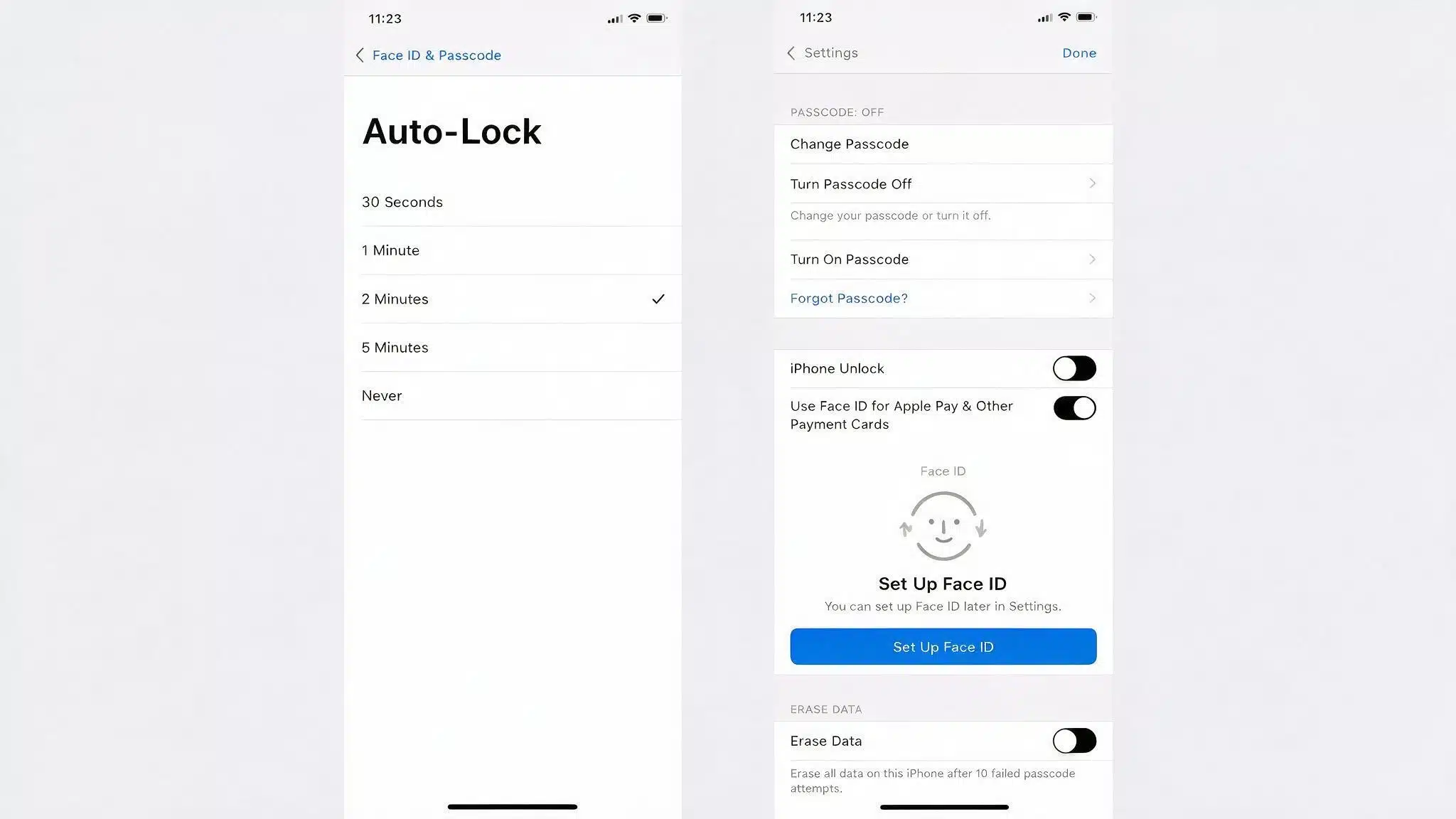 screenshot of the auto lock settings screen next to a screenshot of the erase data toggle near the bottom of the passcode screen