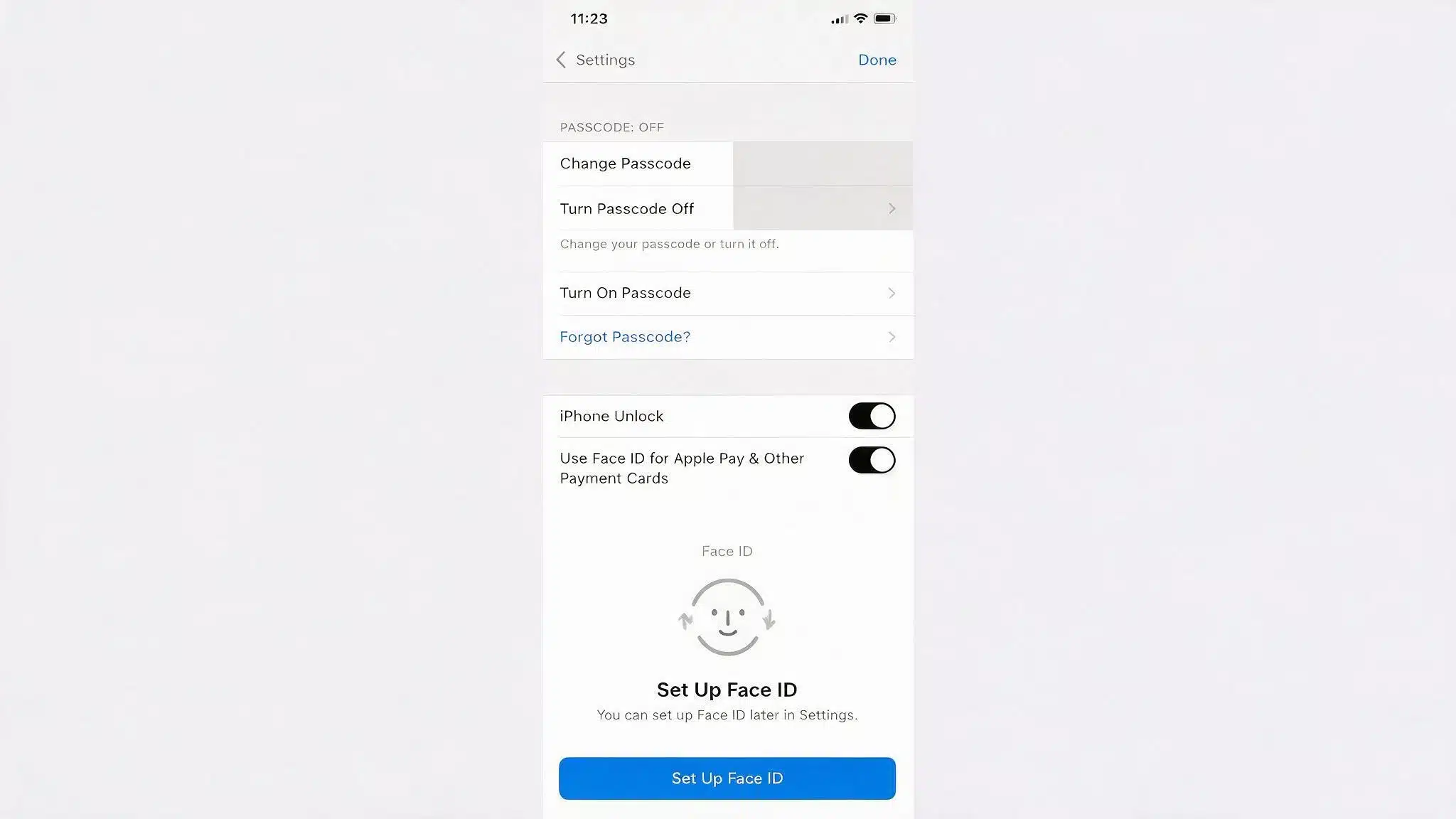 screenshot of the face id and passcode settings screen with the change passcode and turn passcode off rows both visible and highlighted.