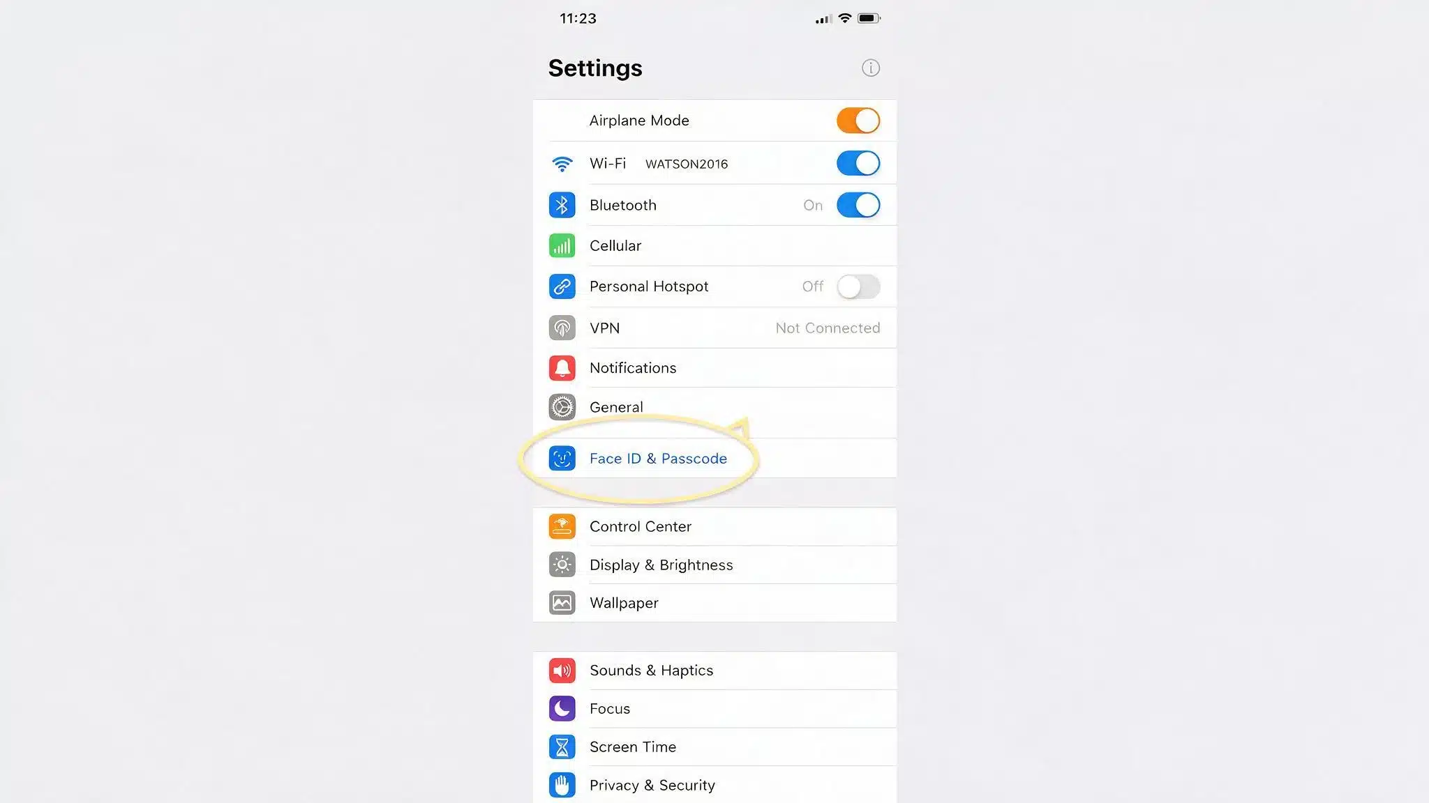 screenshot of the iphone settings app main menu with the face id and passcode row circled