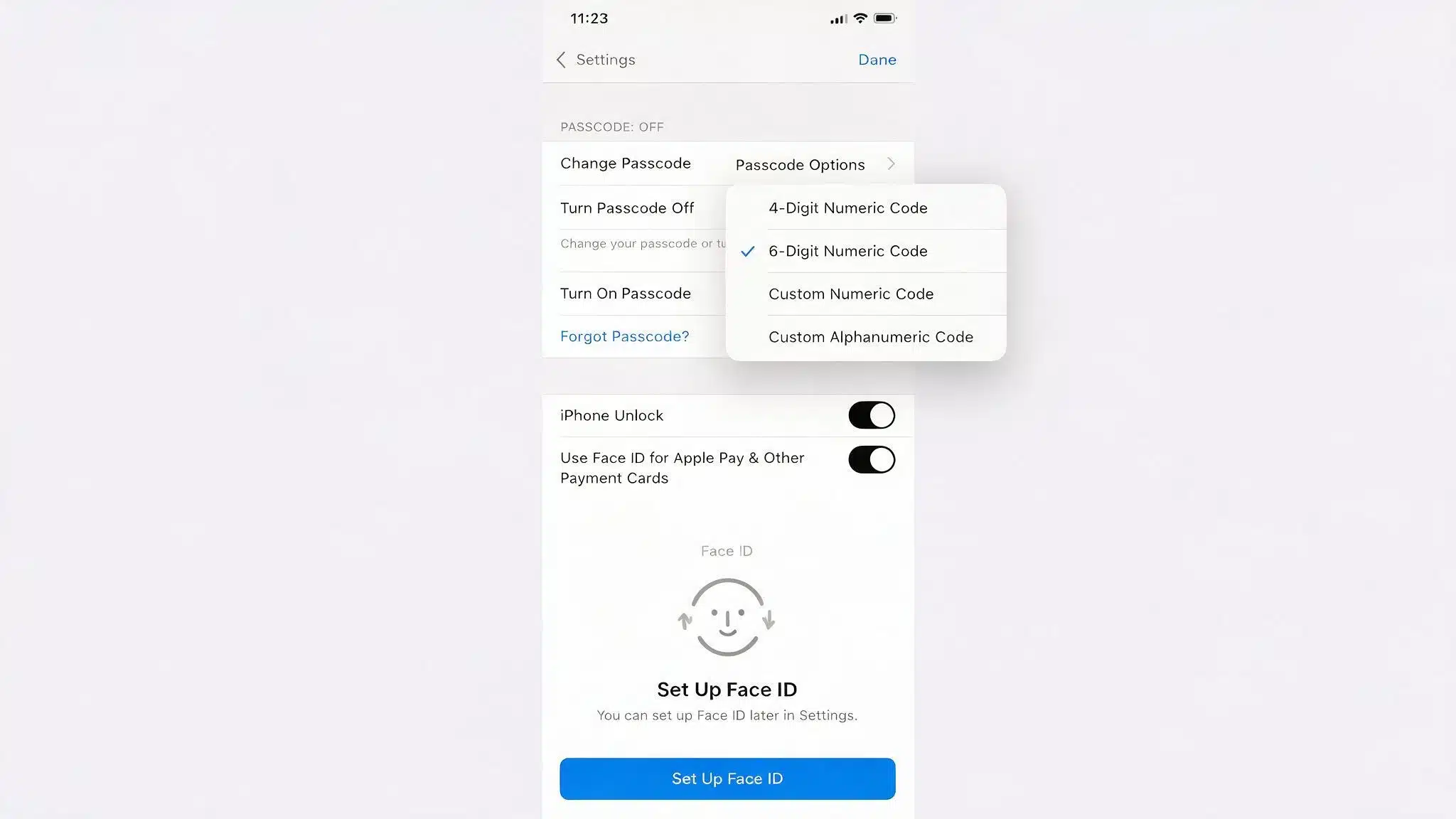 screenshot of the passcode options menu showing all four format choices in a pop-up list