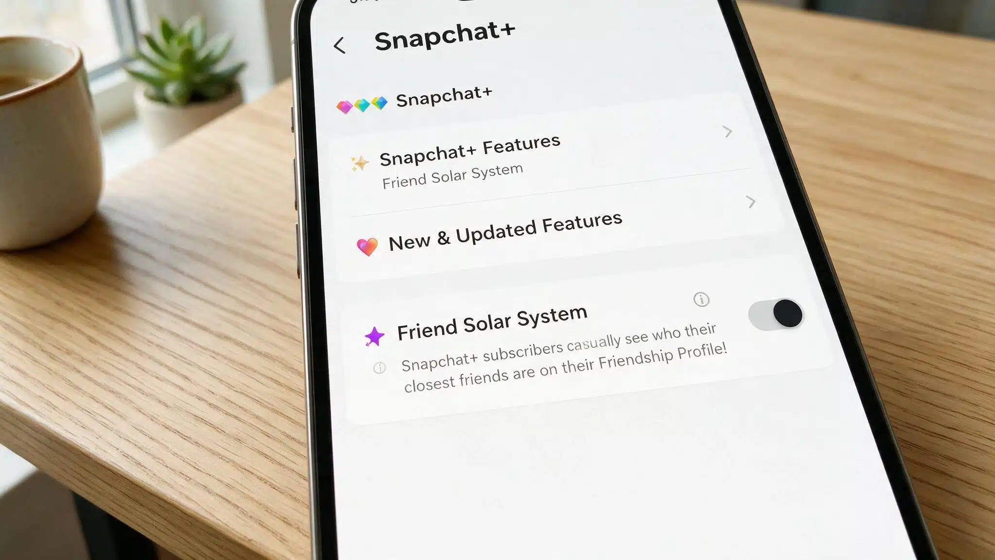 Screenshot style mockup of a phone showing the Snapchat settings menu with friend solar system